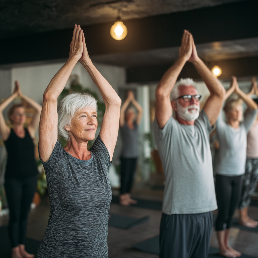 Senior adults practicing gentle yoga poses in a peaceful studio environment